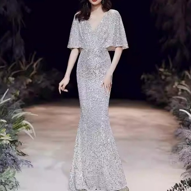 Sequin Sleeve Mermaid Maxi Dress　　V3242