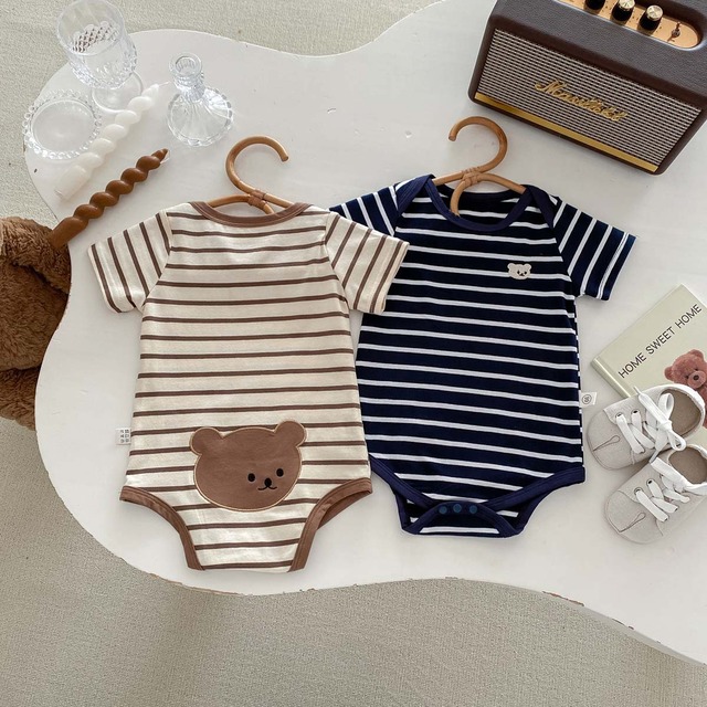 【BABY】くまモチーフストライプ半袖ロンパース - 10