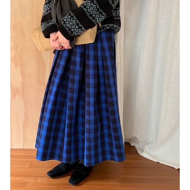 plaid long circular flare-skirt　2litr06159
