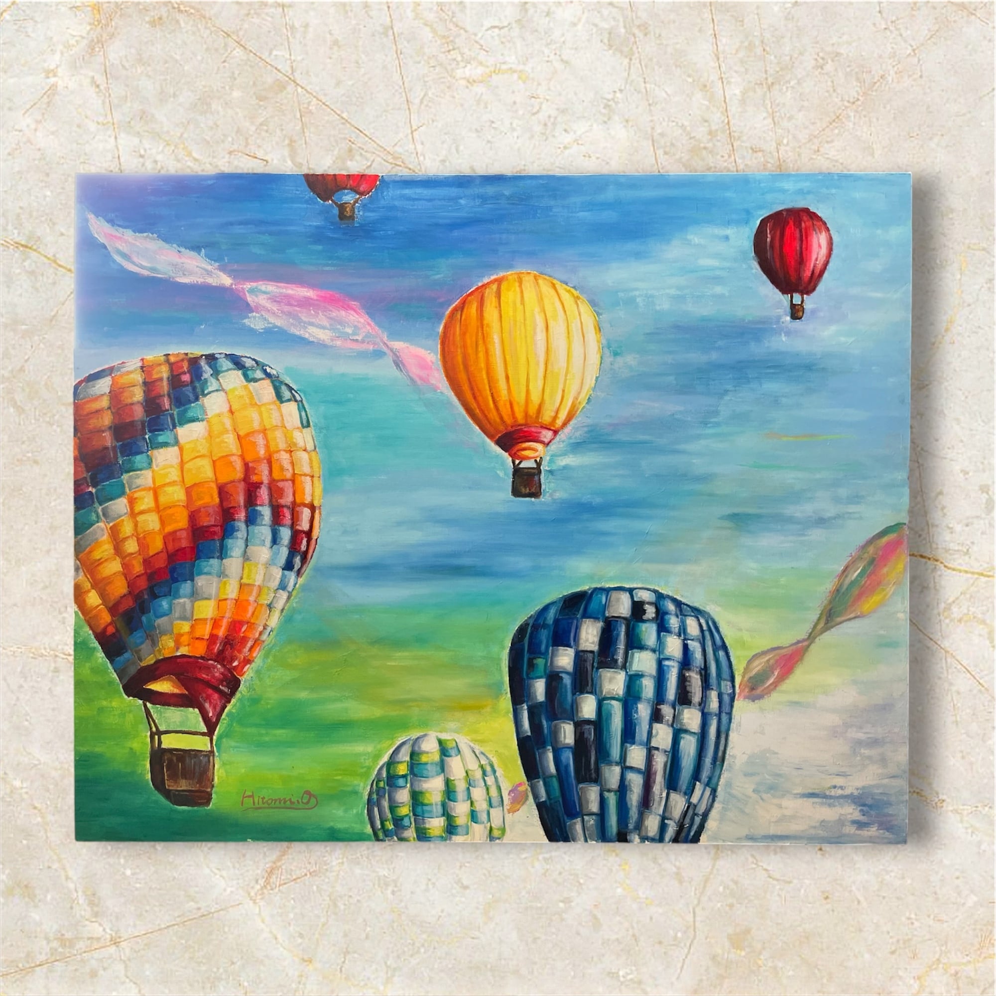 油彩画　気球 過去作品売り尽くしSALE】【Y-8/26】風景画 気球 油彩画 原画 油絵