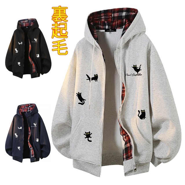 ♥裏起毛猫柄アウター！【ImcTLシリーズ】★アウター★ 裏起毛 パーカー ジャンプパーカー ユニセックス 3color 猫柄 ねこ ネコ