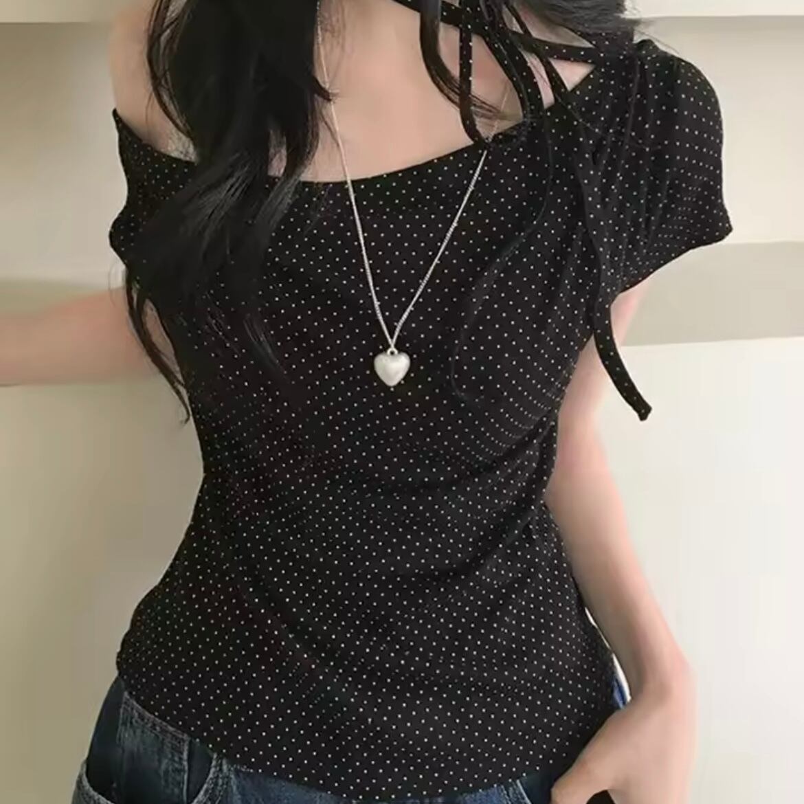 polka dot ribbon one shoulder tops