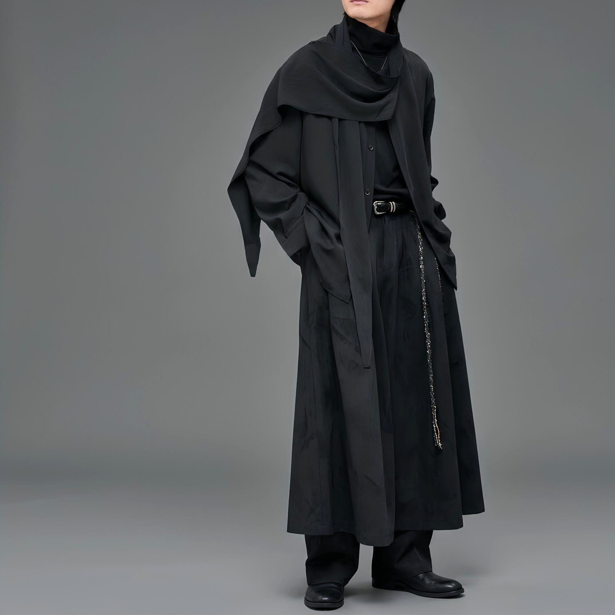 【ORV0047】Wrap-Collar Long-Sleeve Shirt, Dark Style / 3color