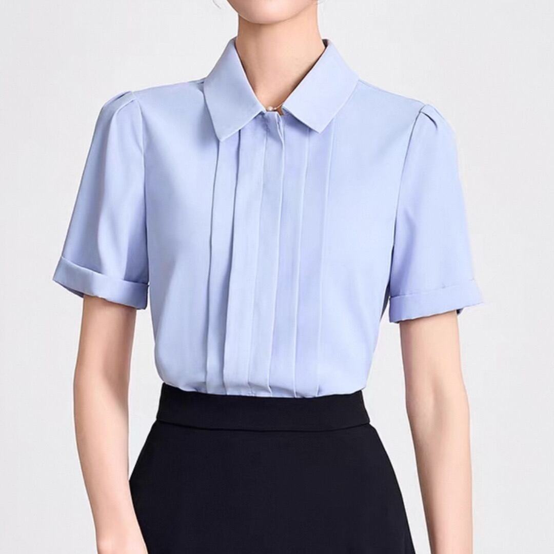 Front pleated short sleeve double breasted blouse 00235