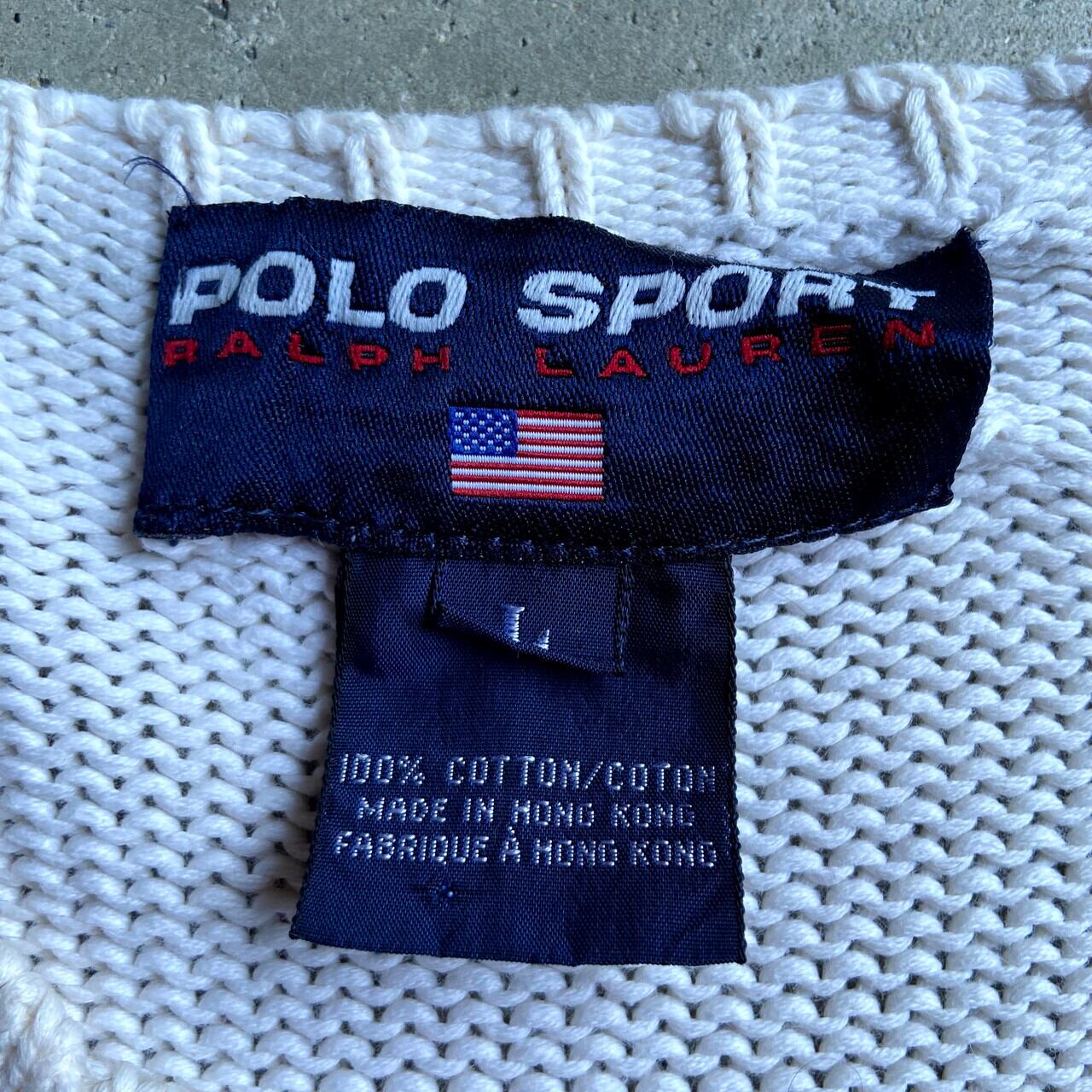 90年代 POLO SPORT ポロスポーツ ラルフローレン クルーネック コットンニットセーター メンズL 古着 Ralph Lauren ラルフローレン ワンポイントロゴ刺繍 ホワイト 白 ヴィンテージ ビンテージ【ニットセーター】【SS2201-30】 | cave