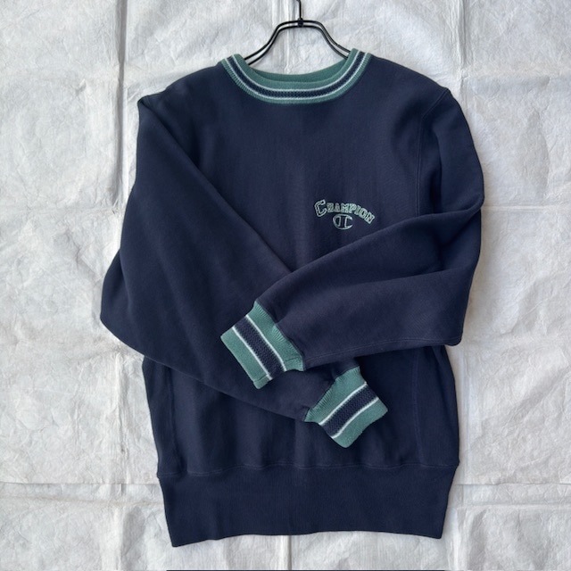 Champion リバースウィーブ スウェット 90s USA製 ネイビー グリーンリブボーダー 刺繍タグ ヴィンテージ古着 M 画像6