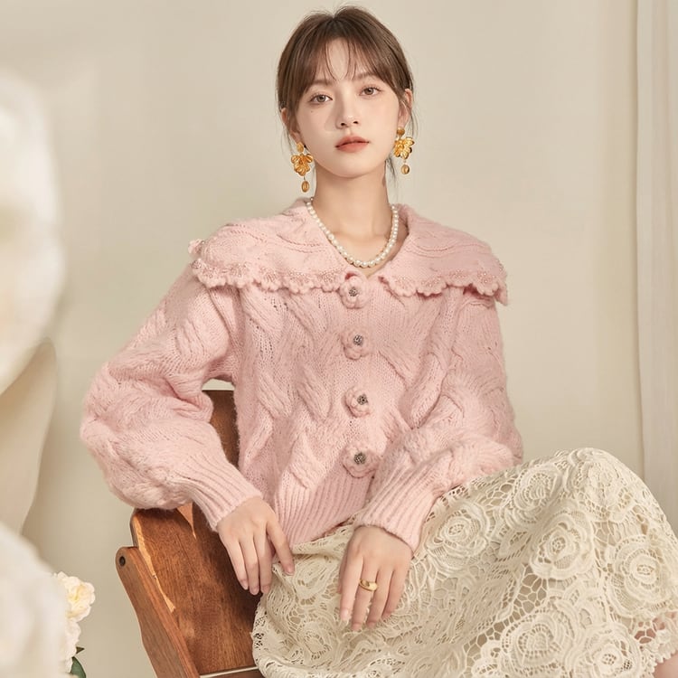 Flower motif beaded collar cardigan 00284