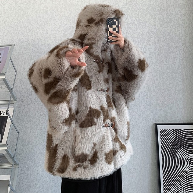 予約販売】ファーコート メンズ ショート丈 ビッグシルエット フード 
