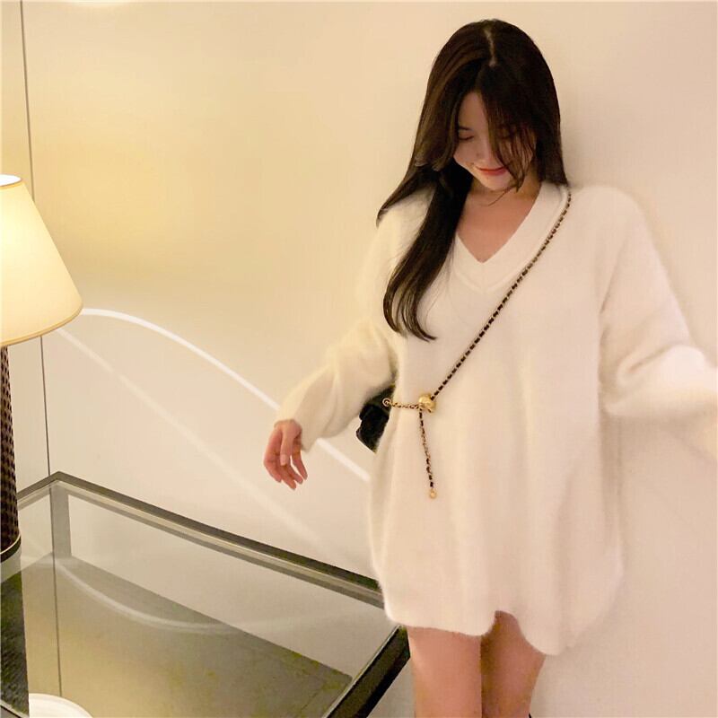 ウールセーター ルーズVネックコート スプリングホワイトプルオーバー トップス 春物 ブラックストロベリース96604083162