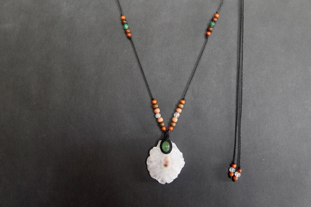 Solar Quartz & Serpentine micro macrame woody pendant
