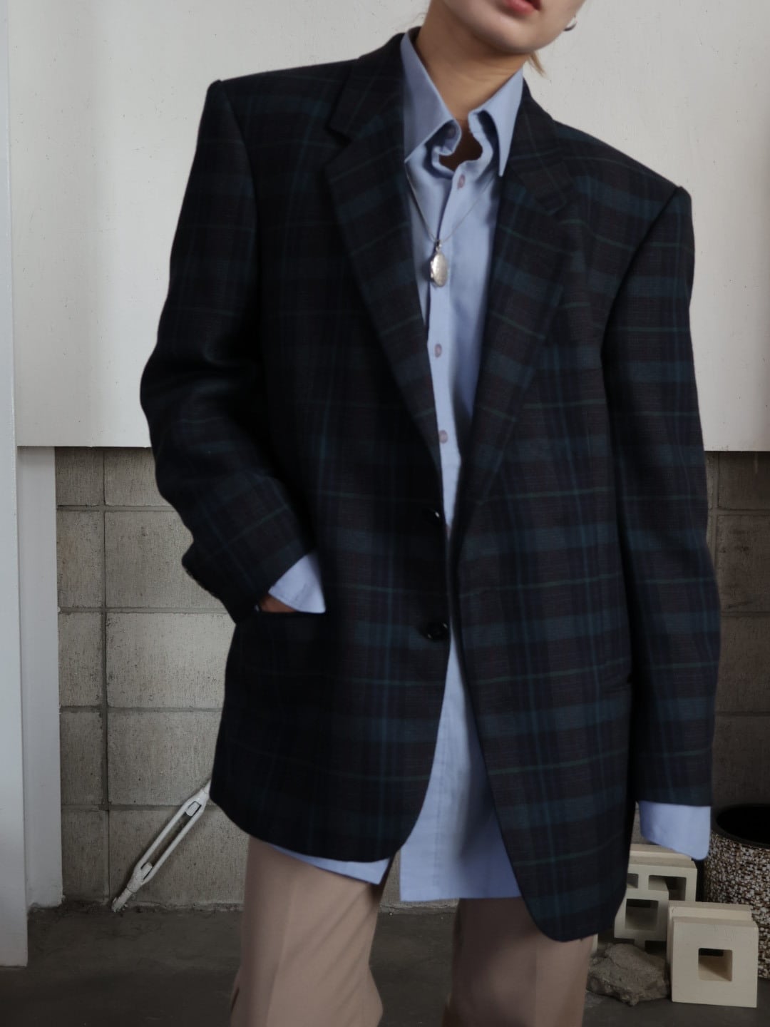 <vintage>tartan check navy jacket