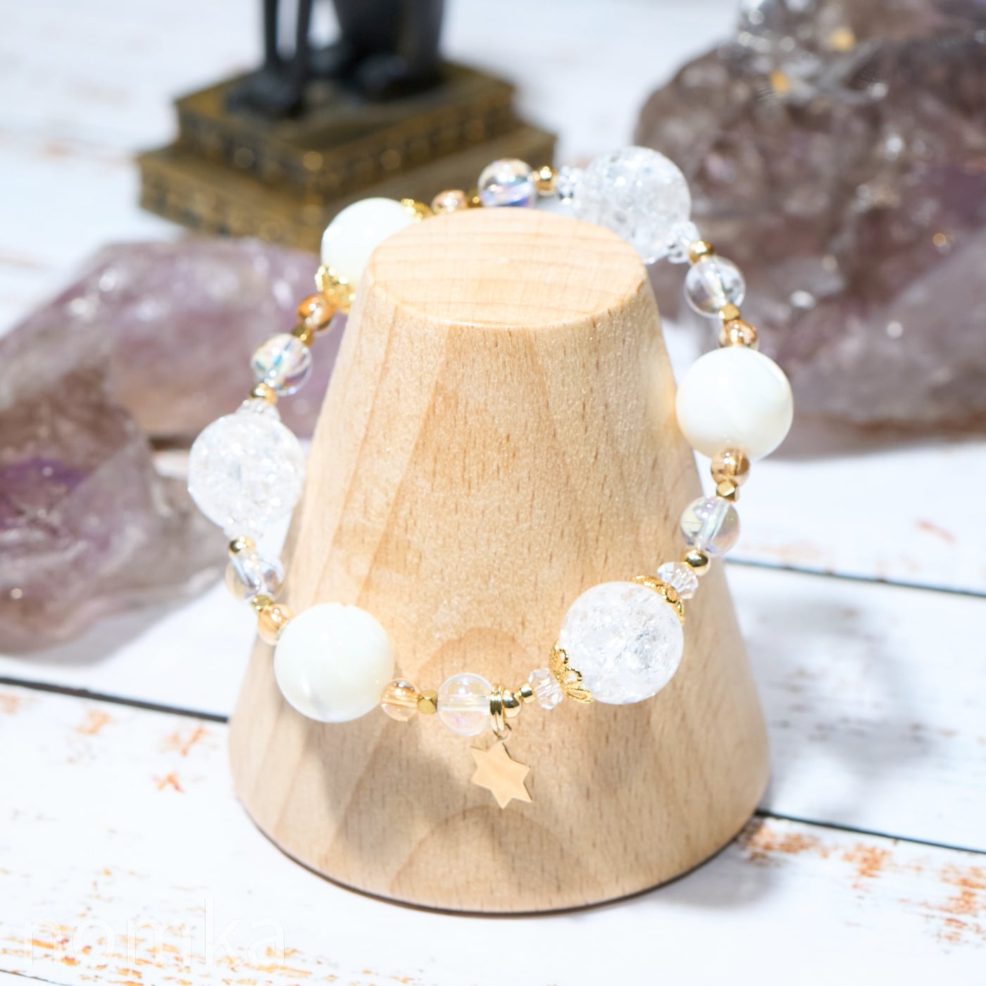 内なる輝きを覚醒】マザーオブパール×クラック水晶 デザインゴムブレス