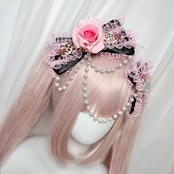 ♡【全5色】姫GAL ヒョウ柄 薔薇付き パールチェーンフリルリボンヘアクリップ black×pink ♡