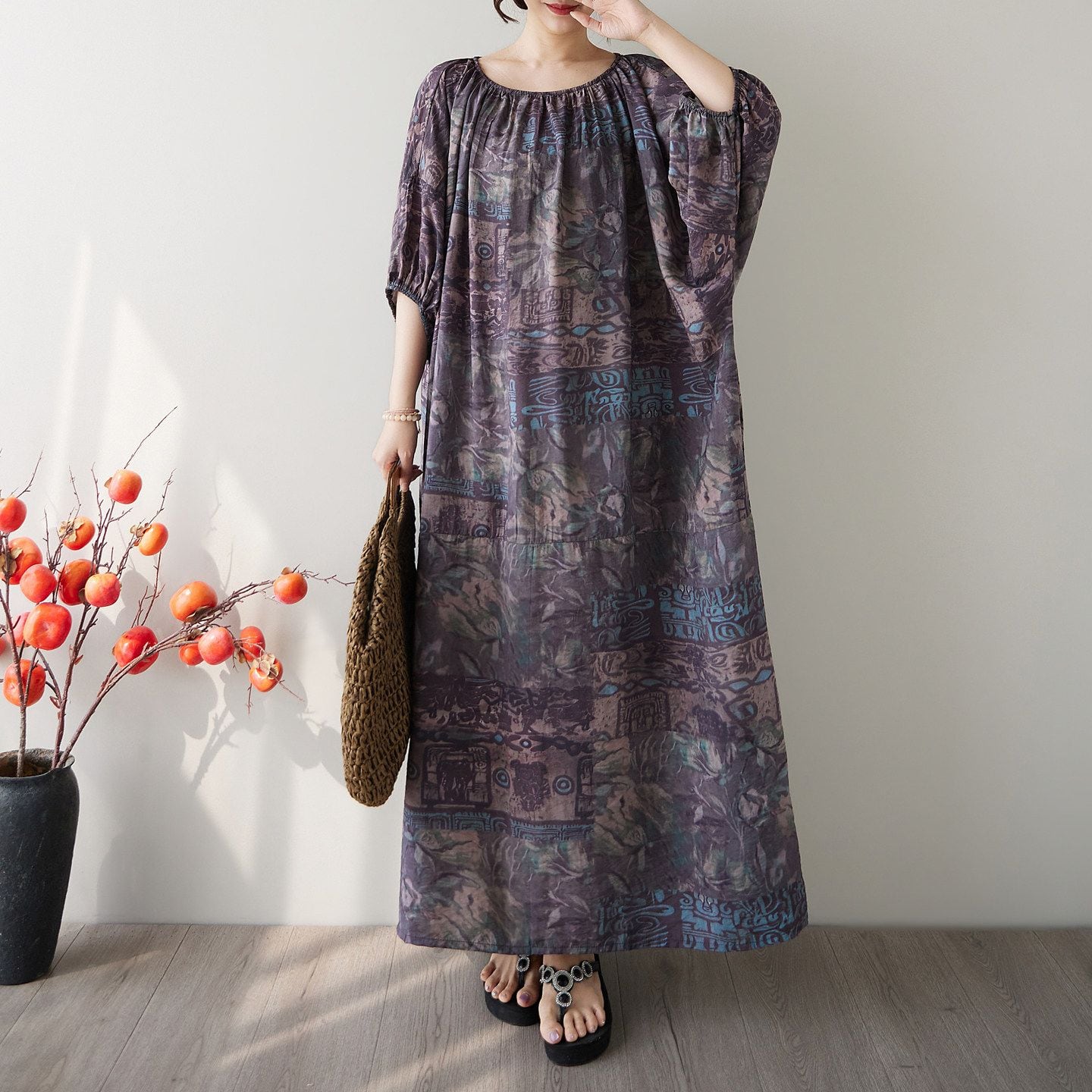 PRINT BALLOON SLEEVE RELAXED MAXI DRESS M-17663
