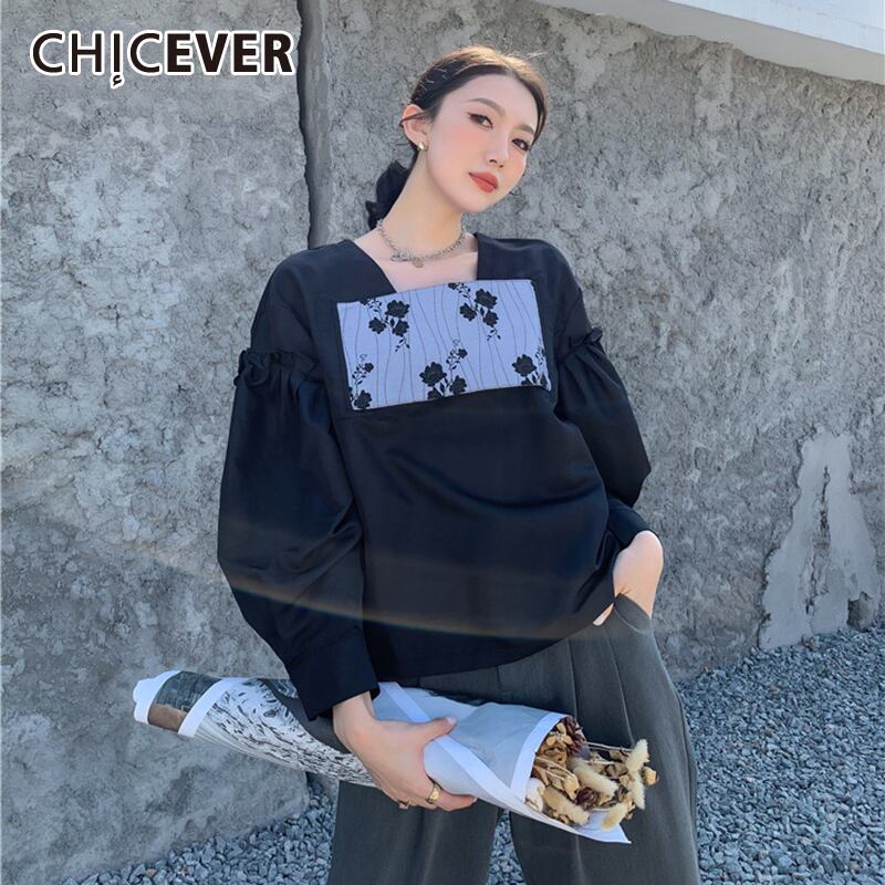CHICEVERブラックシャツレディーススクエアカラーパフ長袖パッチワークアップリケヒットカラーストリートブラウス2021タイド ロング スクウェア 6base525068400256