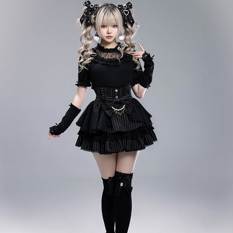 コルセット風 ティアード フリル スカート ブラック ピンク チェック