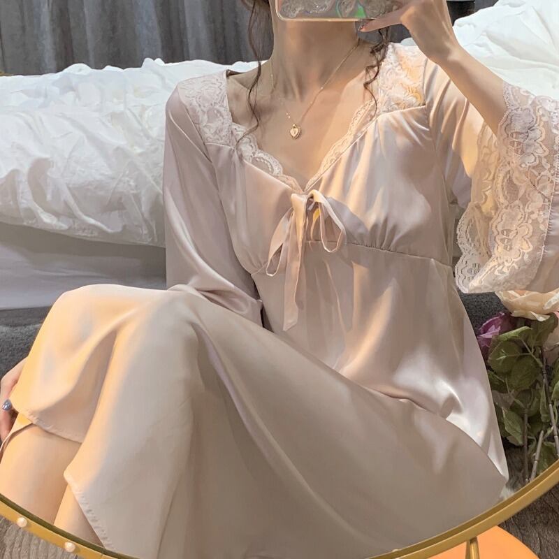 Vネックレースドレス ロング ステッチ 萌量不足74868761891