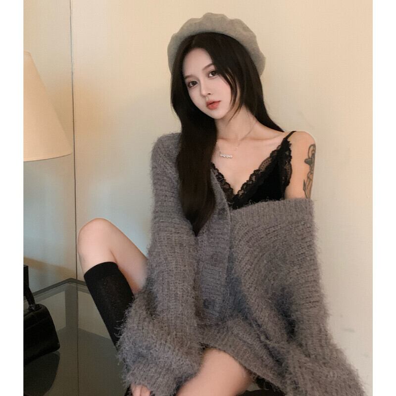 ルーズVネックニットセーター オータムウィンタースタイルソリッド カラーカーディガン ロング 秋物 冬物 ソリッドカラー ガールズファッション80041459583