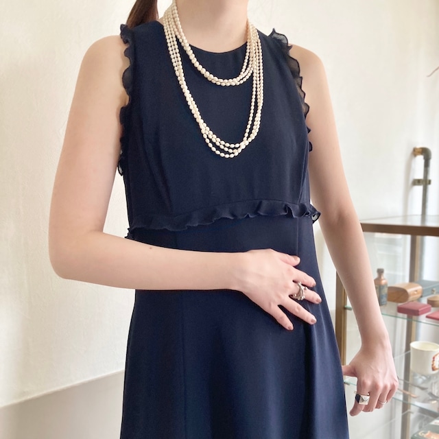 1980s made in  USA Navy Ruffle Trim Long Dress