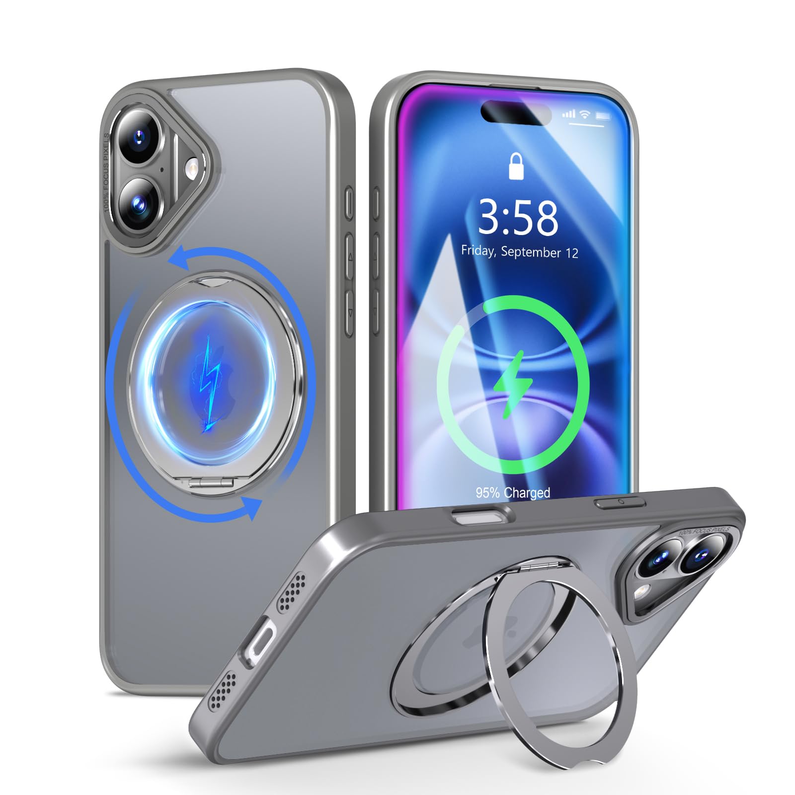 MINIKA iPhone 16 用 ケース Magsafe対応 360度回転 スタンド付き 多機能 スマホケース【グレー】