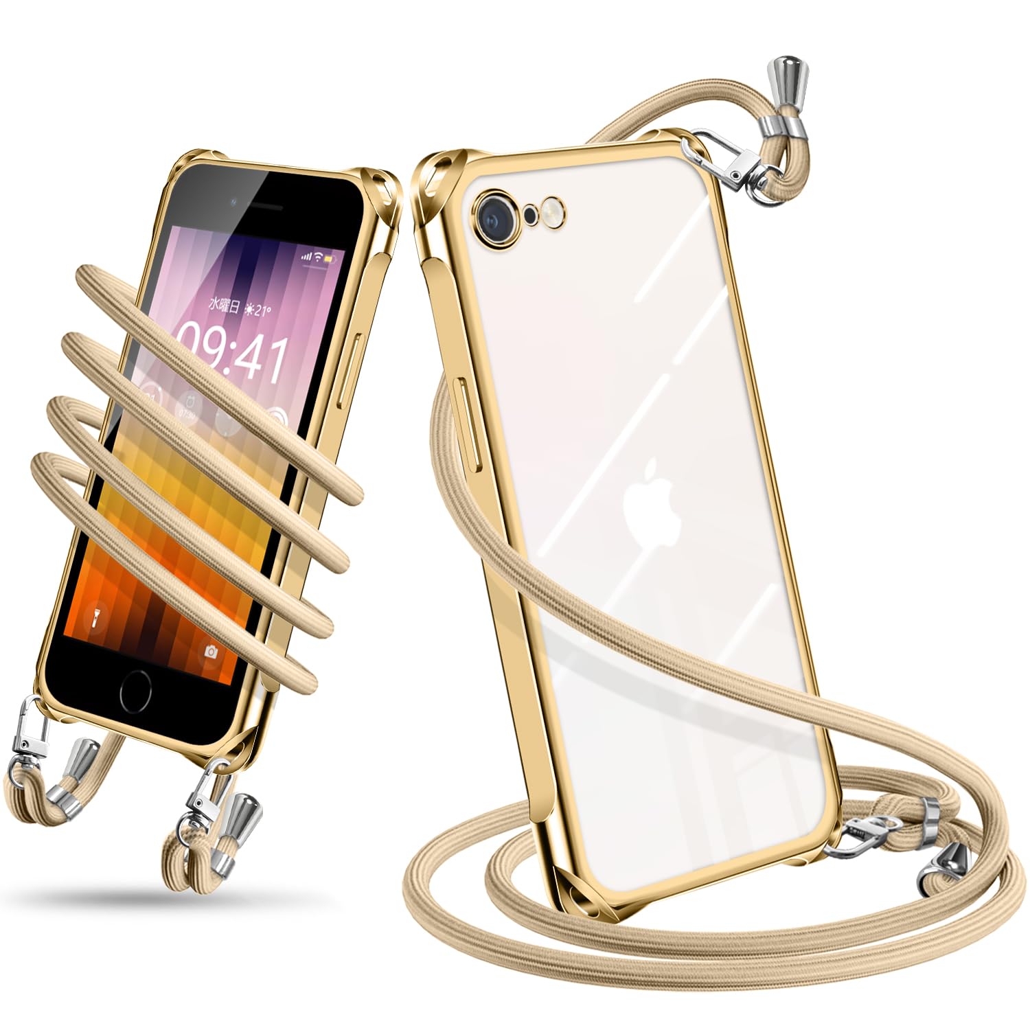 iPhone SE3 向けの ケース 第3世代 第2世代 ショルダー クリア 耐衝撃 アイフォン se3/se2/7/8 カバー(ゴールド)