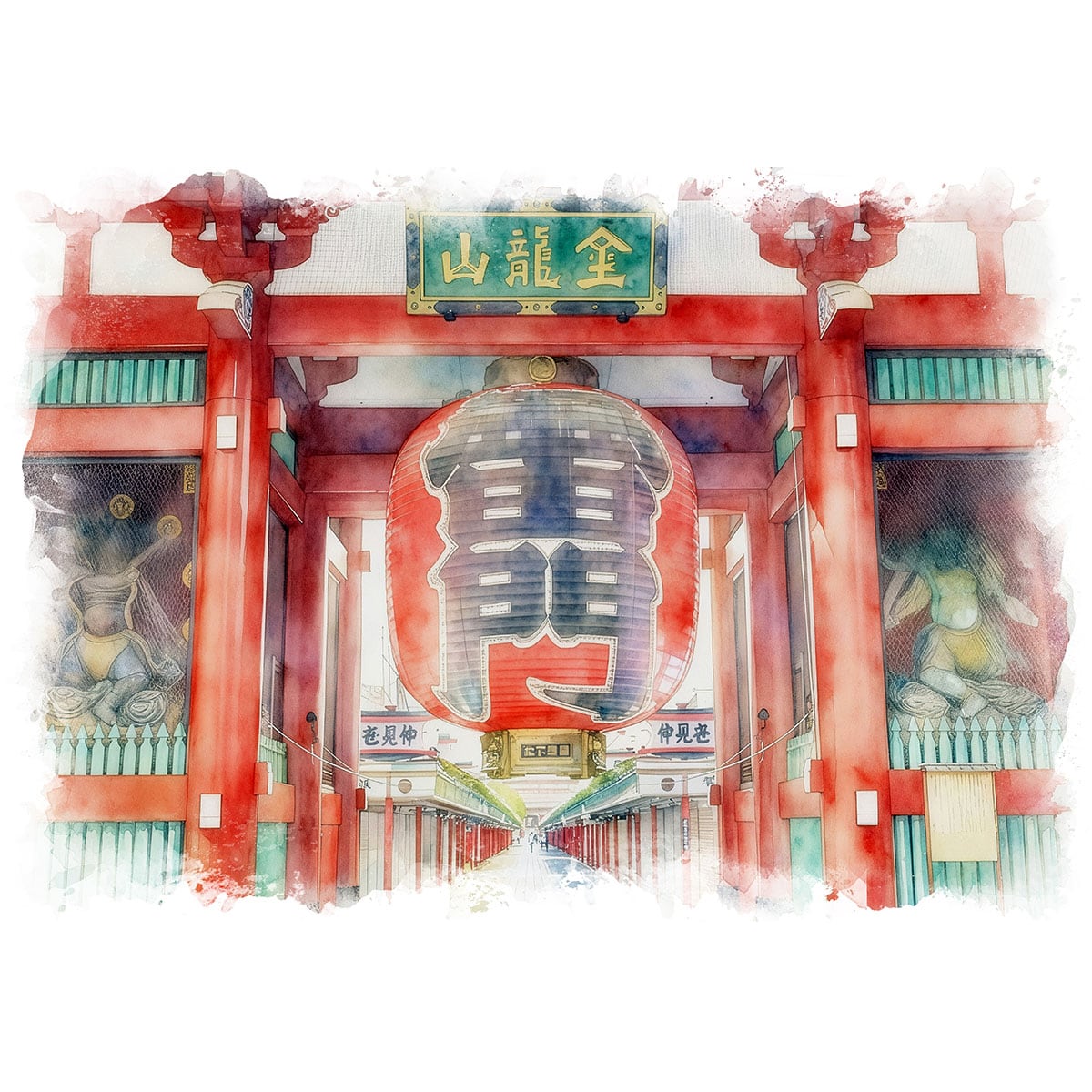 絵画(風景画) 日本 東京都 浅草寺 雷門 インテリアアート額付き 水彩画・油絵調 WAT1211
