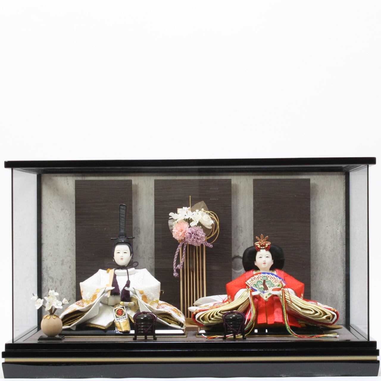 雛人形|コンパクト|おしゃれ|モダン|インテリア|プレミアム|こだわり|ひな人形|おすすめ|ケース|作家|伝統工芸士《商品名》衣裳着ガラスケース飾り(固定式)〔商品コード〕32212-0348 T6-12-348B 京十二番親王 西陣織 30400-0157 R7-16 新王ケース 瑞希 黒金