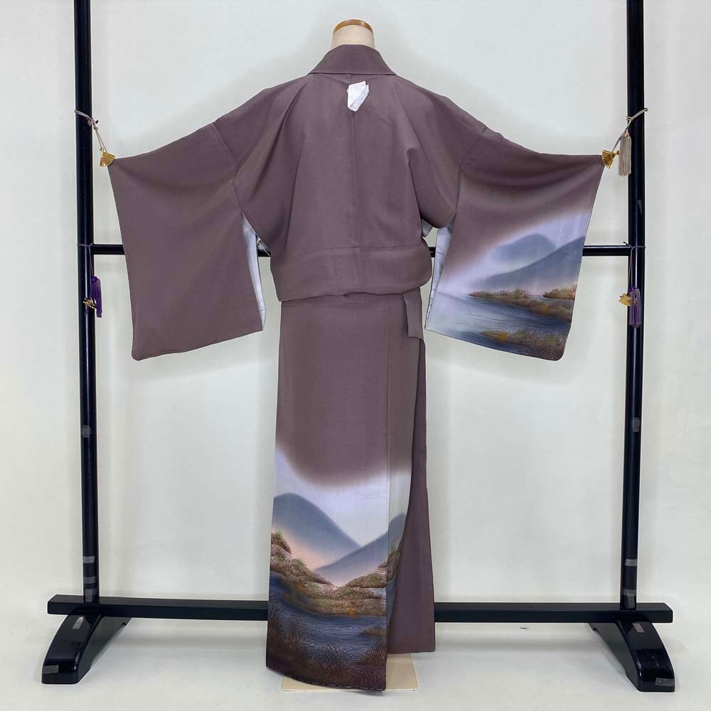中古 着物 古典音楽  身長160cm 前後 小紋 袷 レディース 正絹 臙脂 縮緬 扇 花 鳥 身丈165cm 裄丈63cm