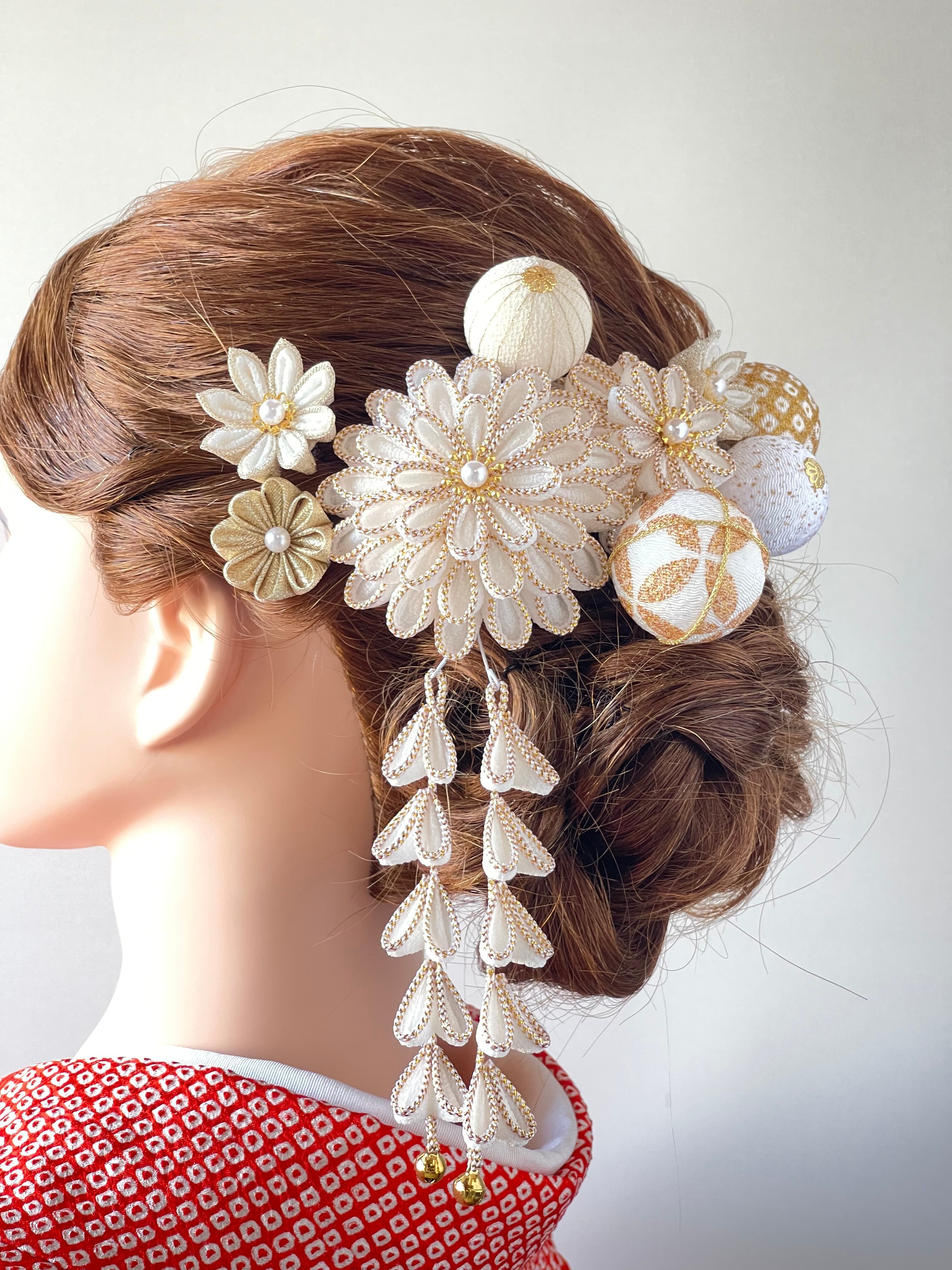 鶴下がり ちりめん かんざし 純白 白 ヘッドドレス 和風 つまみ細工 花  