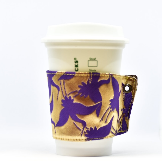 帯 カップスリーブ コーヒースリーブ リメイク 日本製 パープル×ゴールド 折鶴 - cup sleeve