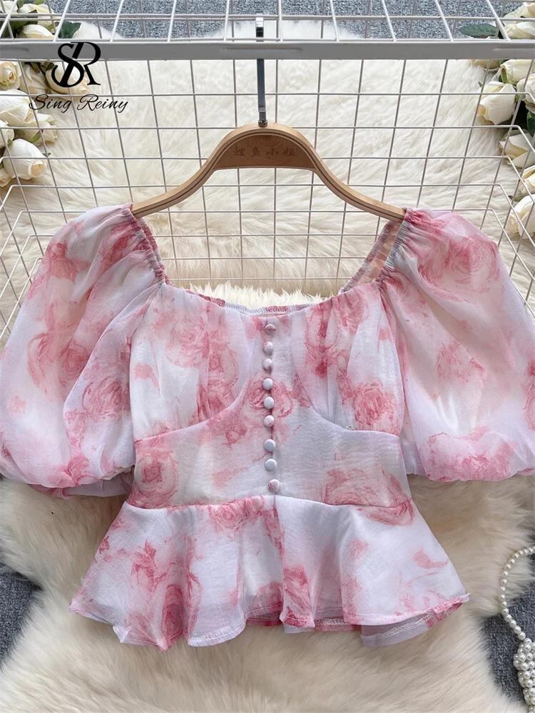 Sing補強-女性用フレンチシフォンシャツ、スクエアカラー、レトロプリントブラウス、ボタン、パフスリーブ、スウィートクロップトップ、y2k、スプリング、2021_106