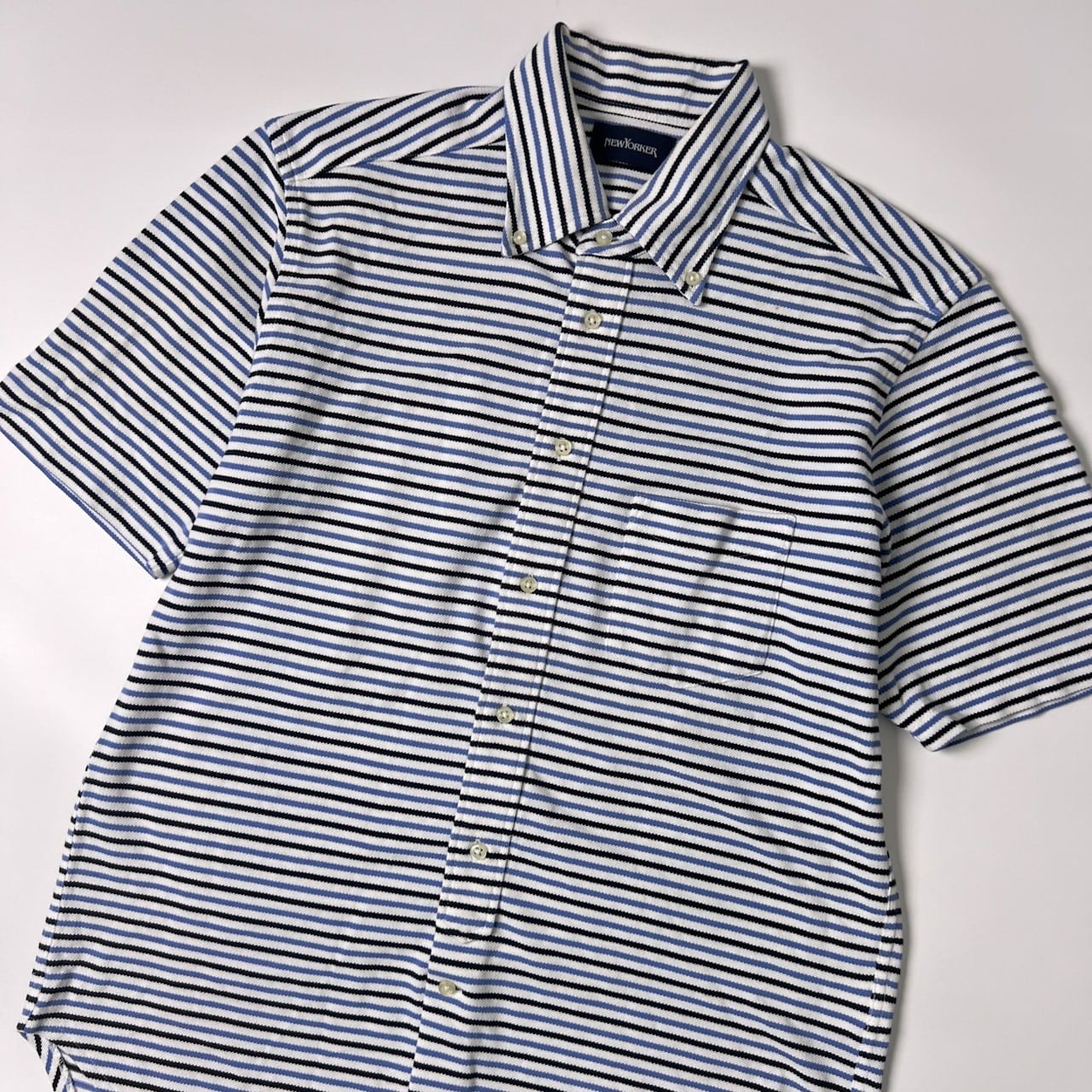 NEWYORKER ニューヨーカー ボーダー BD 半袖シャツ L/コットン/ホワイト ブルー ブラック