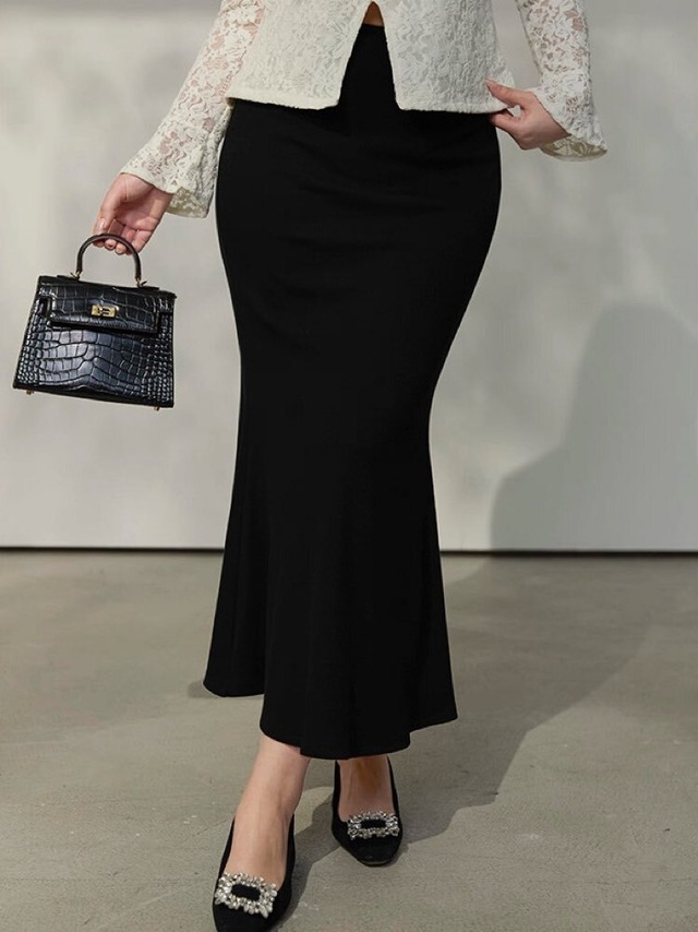 レディライクな曲線美で魅せる リブロングマーメイドスカート 大人可愛い 上品 おしゃれ シック ストレッチリブ きれいめ カジュアル 細見え 体型カバー 大きいサイズ 韓国 CH11590