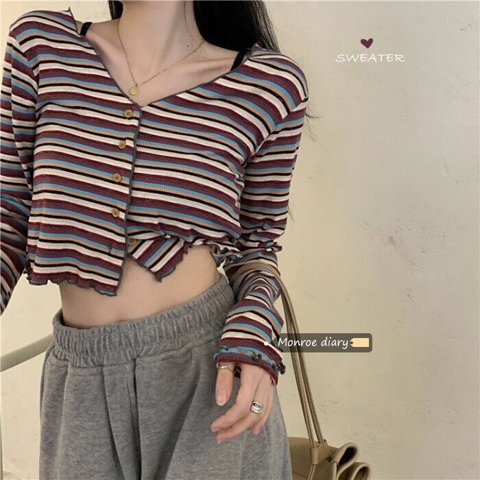 ストライプTシャツ シャツ クロップドトップス オータムウィンタースタイルVネックジャケット カーディガン ロング 秋物 冬物 モンロー35393126231