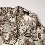 Leilian レリアン ボタニカル柄 シースルー ハーフボタン 5分袖 7分袖 オープンカラーシャツ ブラウス 13+/ホワイト×ブラウン レディース