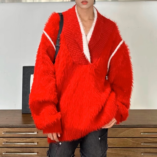 Vネック　レトロ　ファーニット　LB0886