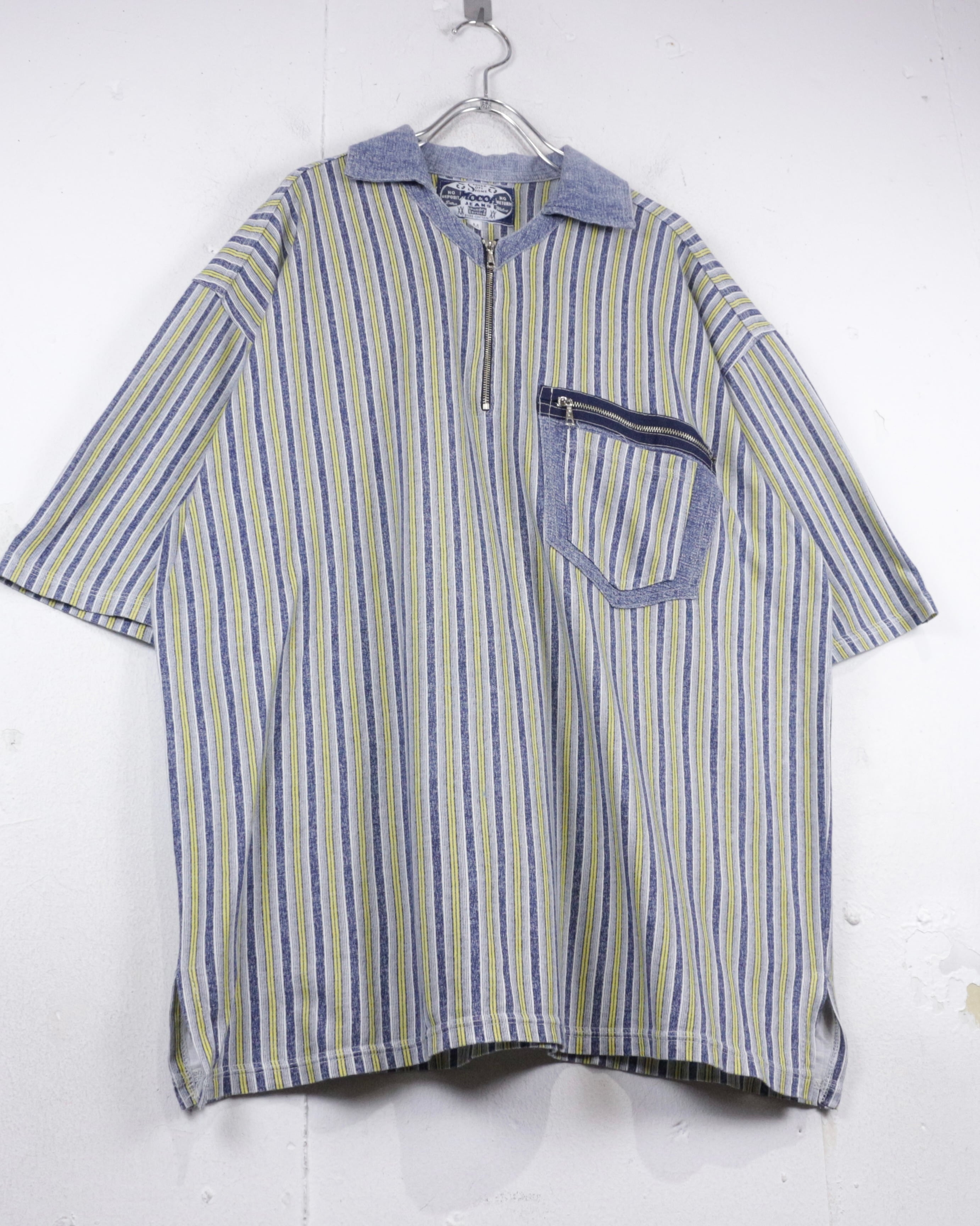 Caka act2】Multiple Color Horizontal Stripe Vintage Half Zip S/S