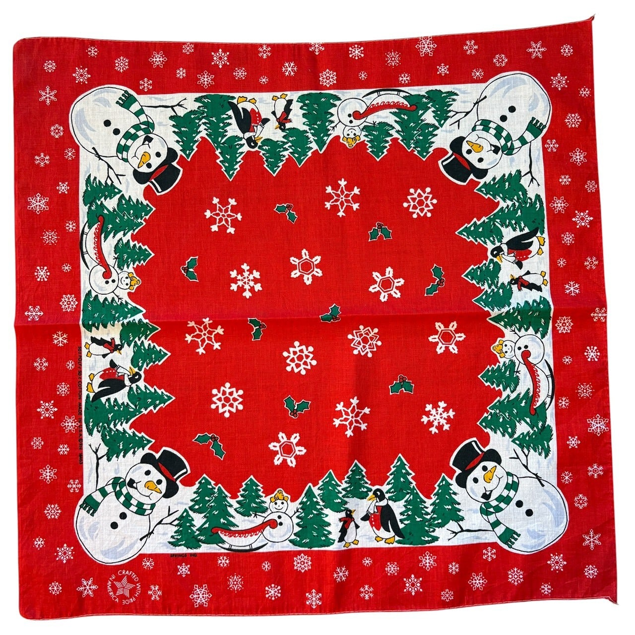 80's USA製 冬 雪だるま ペンギン クリスマス バンダナ コの字 片耳