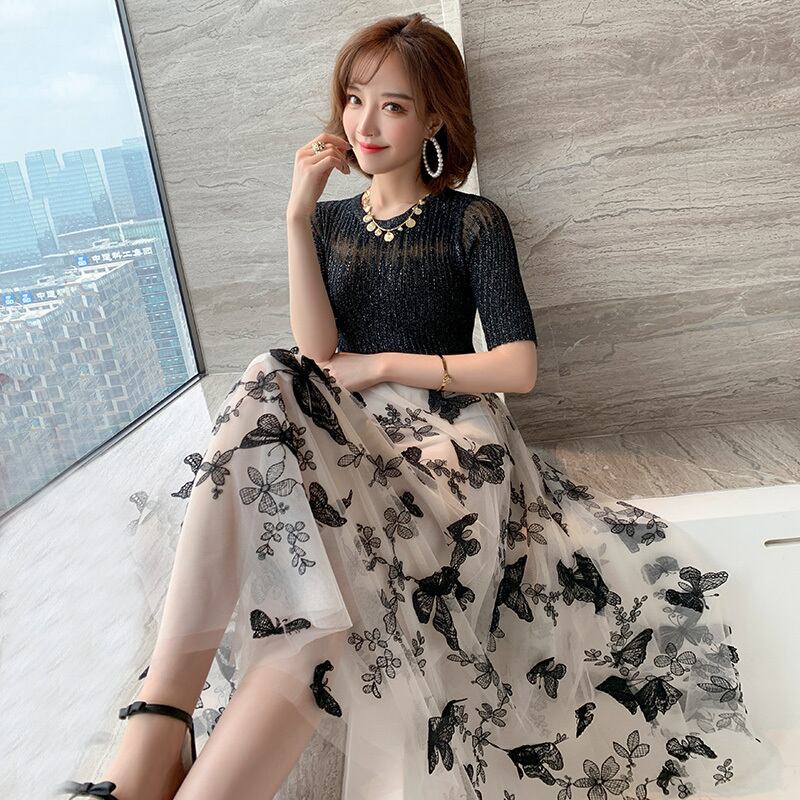 スリムセーター Butterflyデザイン 刺繍ストレッチウェストメッシュスカート スプリング エラスティック 伸縮 春物 シルク MIUCO39337751167