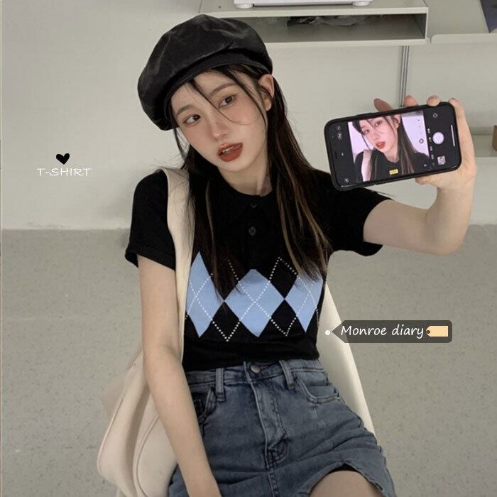 カラーショートブラックセーター レディースサマー薄手スリムトップス 大人ガーリー スウィート キュート カジュアル 夏物 モンロー42542370874