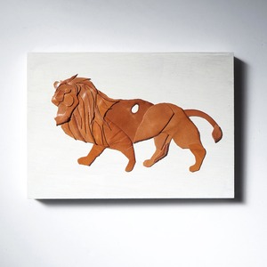 Leather collage art (lion) A4 size wooden panel