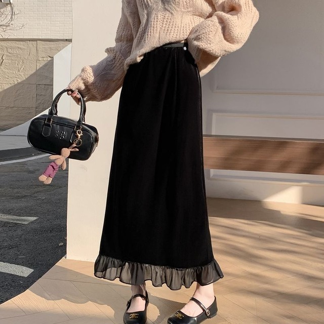 スリット入りミモレ丈ベロアヘムスカート　L1053