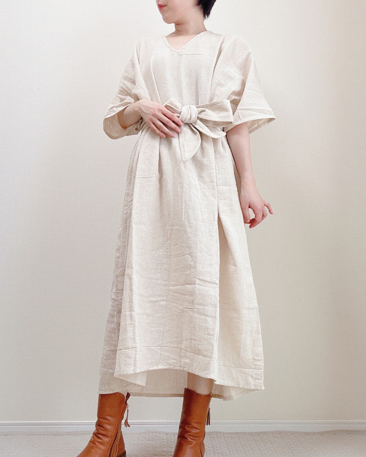 Linen midi dress with cognac knee high boots