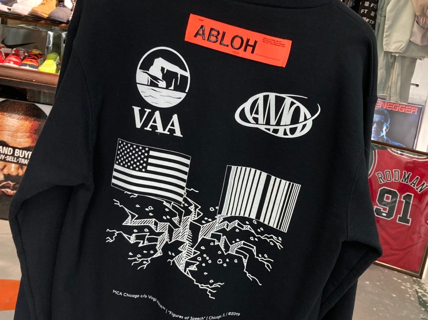 VIRGIL ABLOH × MCA FIGURES OF SPEECH HOODED SWEATSHIRT CHAMPION BLACK  MEDIUM JJ9553 | BRAND BUYERS OSAKA