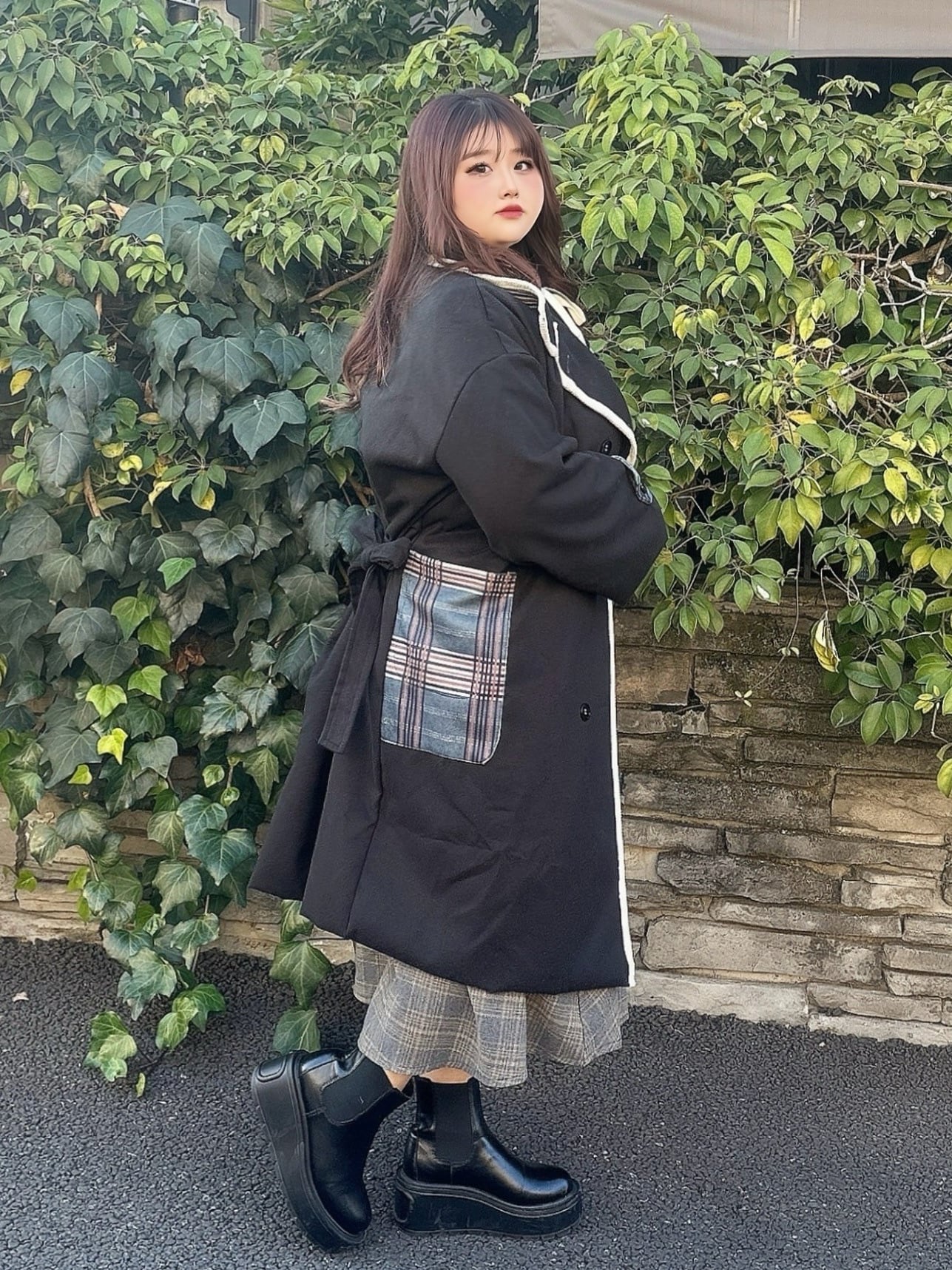 即納】1点限定 チェック柄デザインダブルブレストロングコート 大人