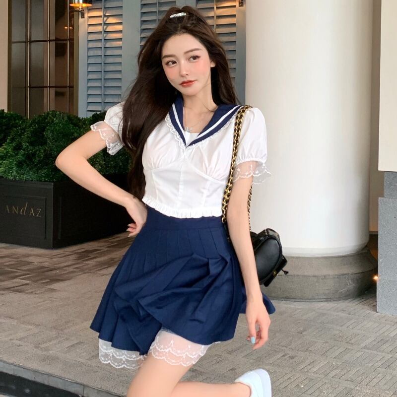 スタイルネイビーカラースリーブシャツ ハイウェストウェストプリーツスカート ハンチェンe70262401597