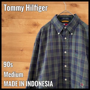 【Tommy Hilfiger】90s 長袖シャツ 刺繍ロゴ フラッグタグ ディープグリーン チェック M トミーヒルフィガー US古着 アメリカ古着