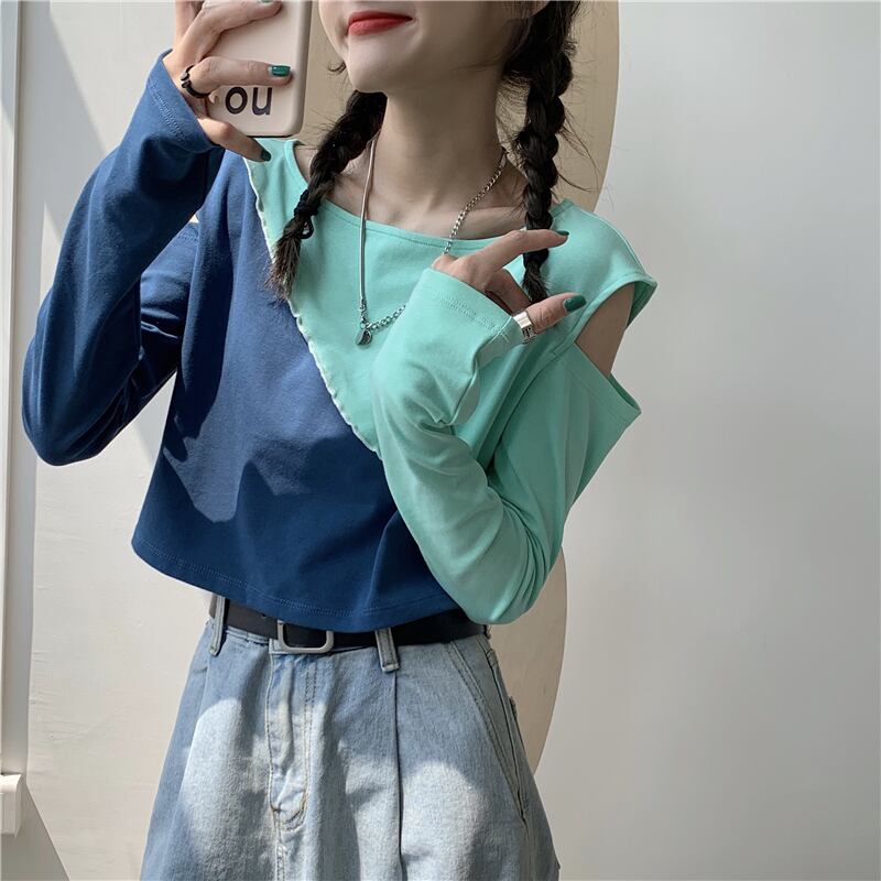 センスカラーマッチングオフショルダーTシャツレディース秋スリム長袖ボトミングシャツ2020新しいショートインナートップ ブラックストロベリース20041914623