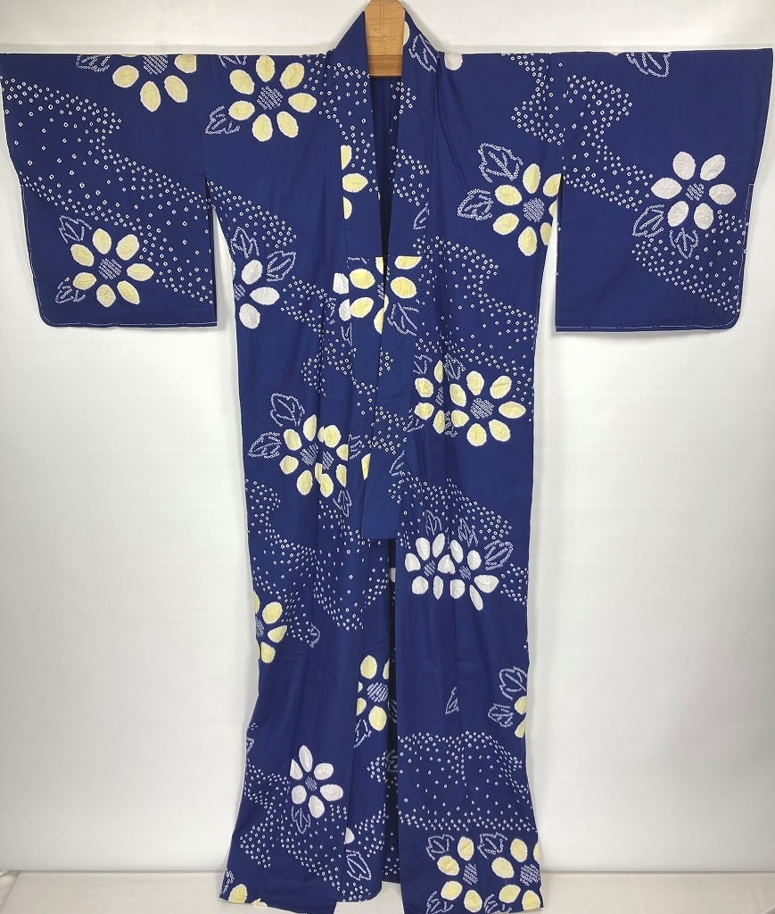 手絞り【浴衣】未使用 希少色 向日葵 トールサイズ 綿 青 黄色 白 051