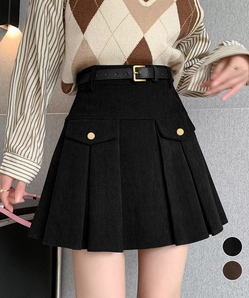 コーデュロイプリーツスカート ベルト付き 24SKT-001